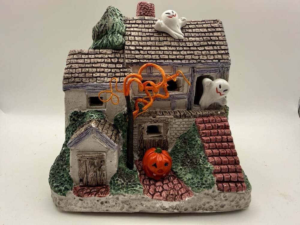 Vintage Halloween Lighted Haunted Mansion House with Ghosts and Pumpkin Decor